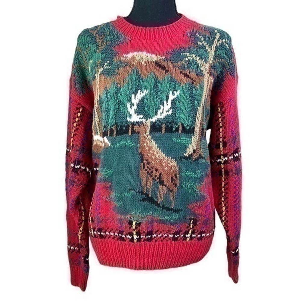 Bushwacker Vintage Stag Deer and Plaid Sweater Size Medium